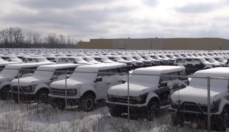 Ford Broncos piled up again on an holding lot in Michigan