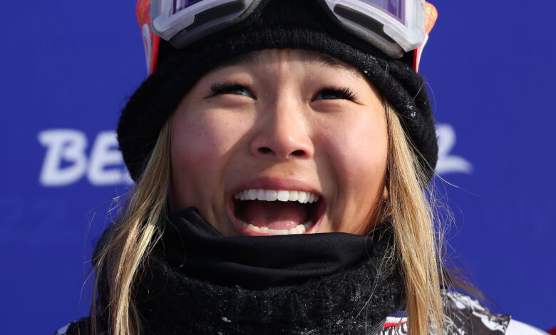 USA's Chloe Kim reacts after winning the women's snowboard halfpipe final on Thursday.