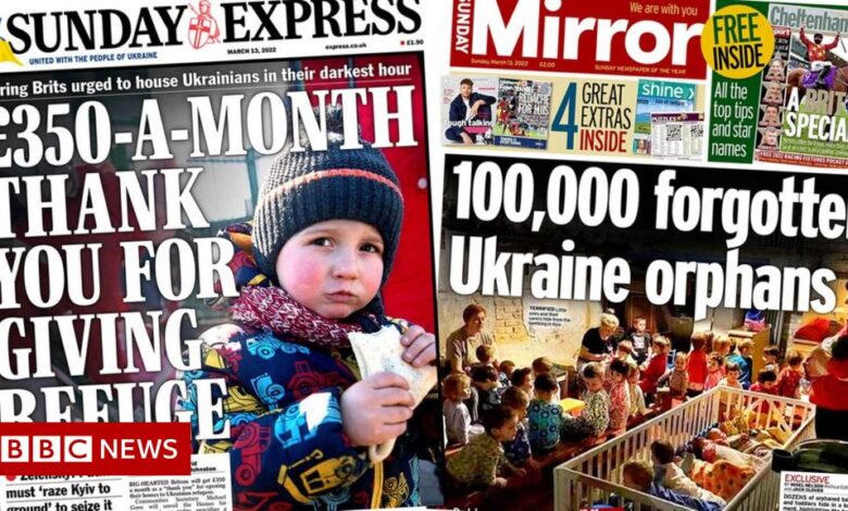 Newspaper headline: UK refugee program and pleas to help orphans