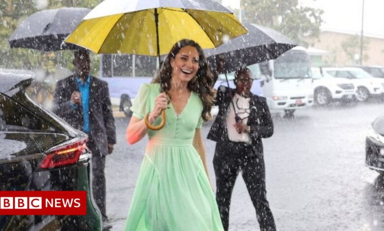 Royal tour: Kate smiles in the rain in the Bahamas as the trip ends