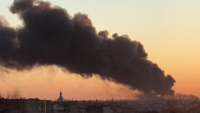 Smoke rises after an explosion in Lviv, Ukraine, on Friday, March 18.