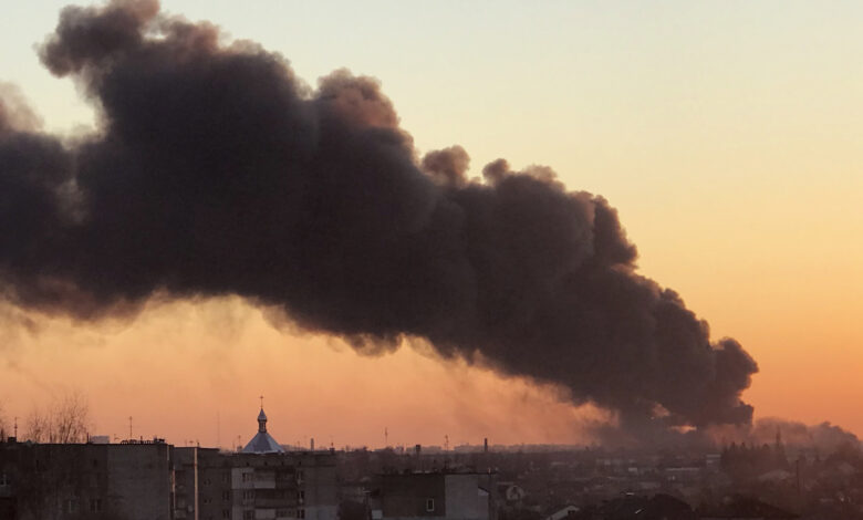 Smoke rises after an explosion in Lviv, Ukraine, on Friday, March 18.