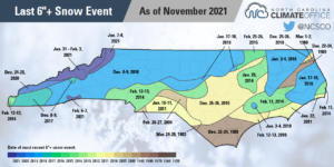 A map of the most recent snow event bringing at least 6 inches to parts of North Carolina
