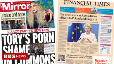 Newspaper headline: 'Erotic shame' and 'fear of an energy crisis' by Tory MP