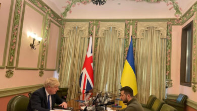 UK Prime Minister Boris Johnson meets with Ukrainian President Volodymyr Zelensky in this photo shared by the Embassy of Ukraine to the UK.