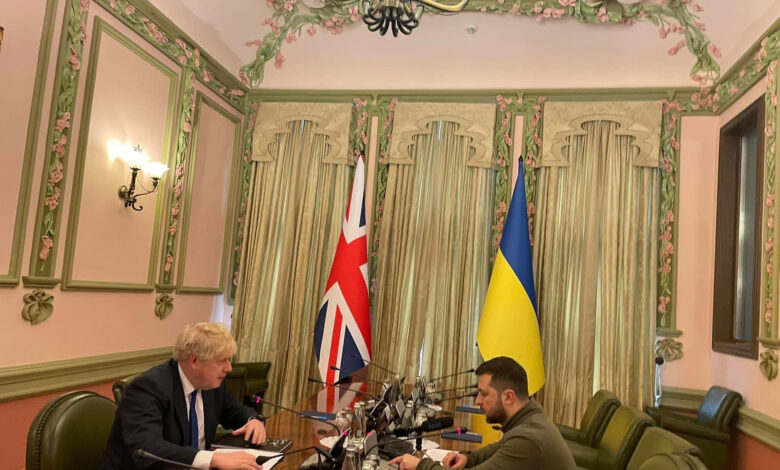 UK Prime Minister Boris Johnson meets with Ukrainian President Volodymyr Zelensky in this photo shared by the Embassy of Ukraine to the UK.