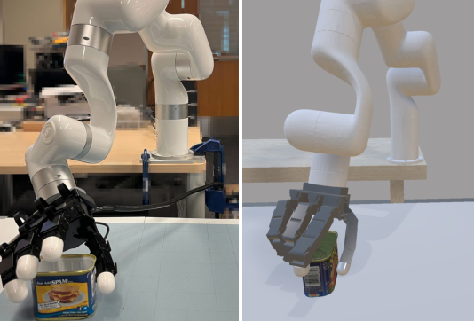 Left side: real robot setup. The cyan poster on the table is a reference coordinate to determine whether the object is moved to the target position. Right side: simulated robot arm setup. Image credit: Yuzhe Qin, Hao Su, Xiaolong Wang