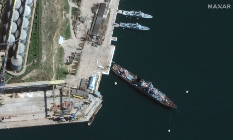 A satellite image shows Russian warship the Moskva in the port of Sevastopol, Crimea on April 7.