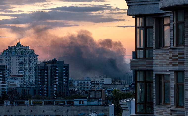 Smoke rises after missiles landed at sunset on April 28, in Kyiv, Ukraine.