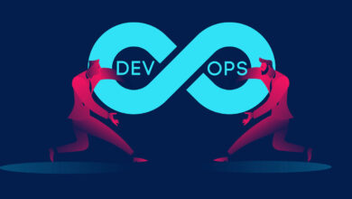 Devops concept business illustration in red and blue neon gradients.