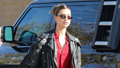Hailey Bieber loves the trend of leather jackets going big