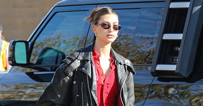 Hailey Bieber loves the trend of leather jackets going big