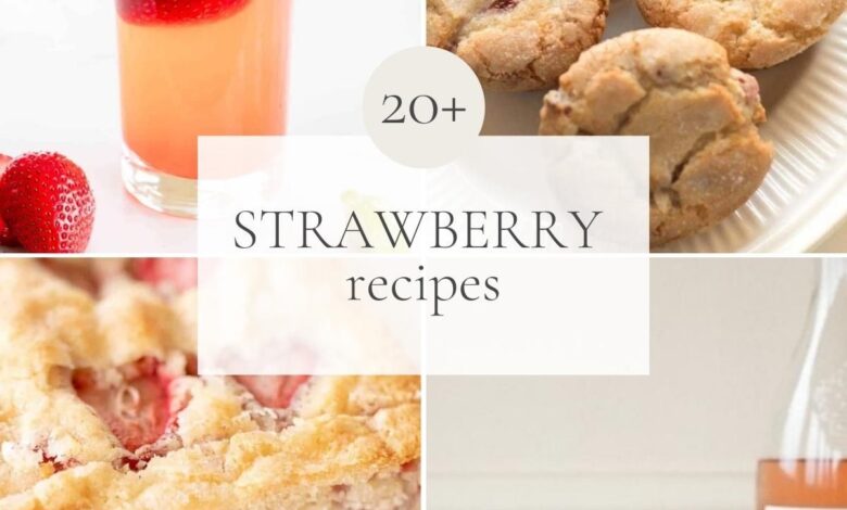 A graphic with photos of strawberry recipes, title reads