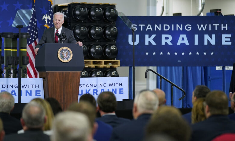 President Joe Biden speaks on security assistance to Ukraine during a visit to the Lockheed Martin Pike County Operations facility where they manufacture Javelin anti-tank missiles on May 3, in Troy, Alabama.