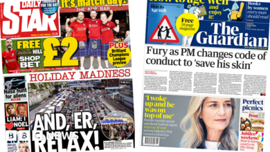 Newspaper headlines: 'Holiday madness' and 'The PM tries to save his skin'