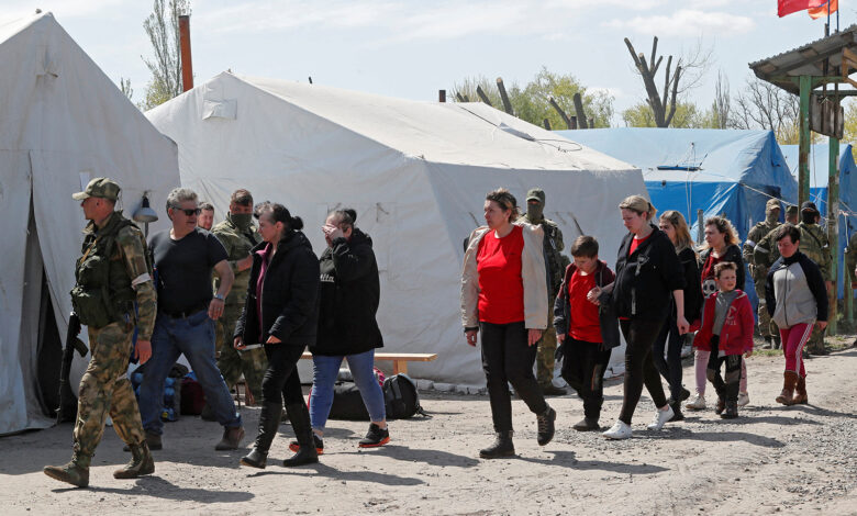 Civilians who left the area near the Azovstal steel plant in Mariupol at a temporary accommodation centre in the village of Bezimenne in the Donetsk region of Ukraine on May 1.