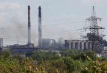 Smoke rises above the Azovstal steel plant in Mariupol, Ukraine, on May 20.