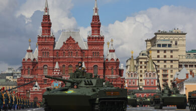 Russian BMD-4M infantry fighting vehicles and BTR-MDM armoured personnel carriers drive in Red Square during a military parade on Victory Day in central Moscow, Russia, on May 9.