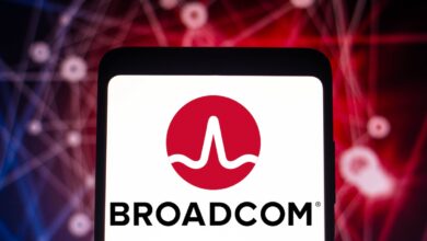 Broadcom logo on a phone with red and black background
