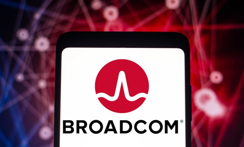 Broadcom logo on a phone with red and black background
