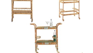 A graphic with a white background, featuring rattan bar carts.