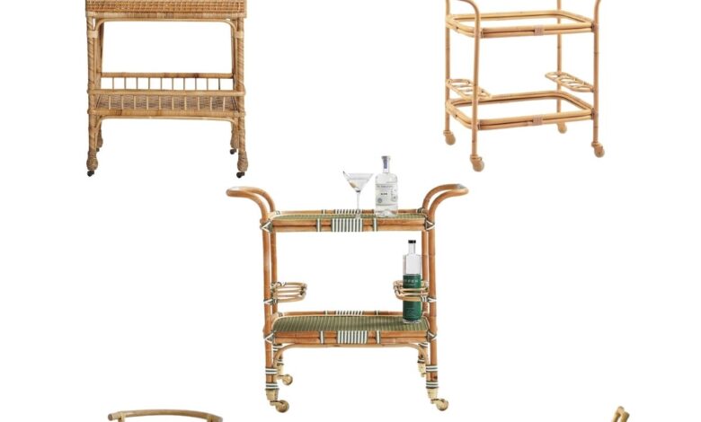 A graphic with a white background, featuring rattan bar carts.