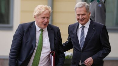 British Prime Minister Boris Johnson is welcomed by Finland's President Sauli Niinisto, ahead of delegation discussions on Russia's ongoing invasion of Ukraine and security in Europe, at the Presidential Palace, in Helsinki, Finland, May 11, 2022. Frank Augstein/Pool via REUTERS