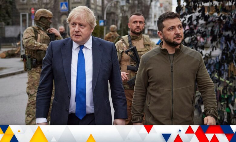 Boris Johnson, left, met with Volodymyr Zelenskyy, right, in Kyiv last month. Pic:The Presidential Office of Ukraine/AP