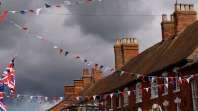 Stony Stratford in Buckinghamshire is decked out in Union Jack flags and bunting ahead of planned celebrations for the Queen's Platinum Jubilee