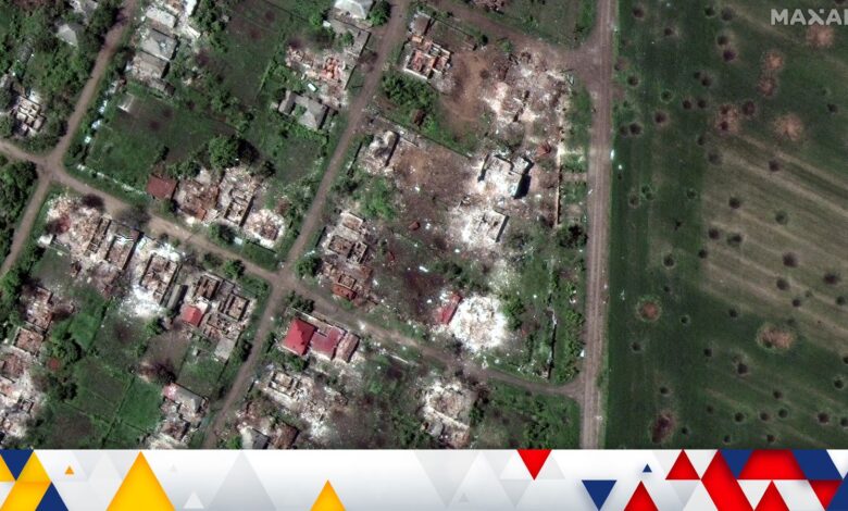 A satellite image shows destroyed homes and buildings from artillery bombardments, amid Russia's invasion of Ukraine, in Popasna. Pic: Maxar Technologies