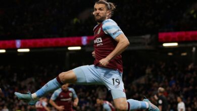 Burnley's Jay Rodriguez celebrates scoring at their premiere league match against Everton in April