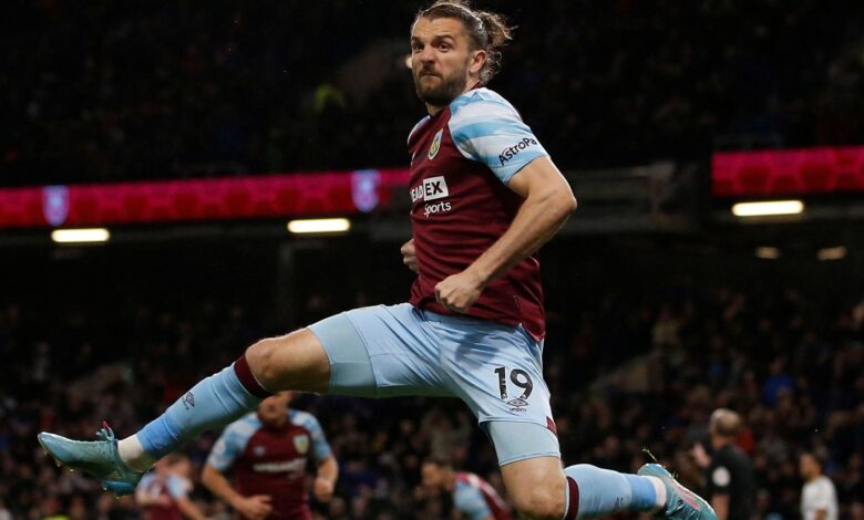 Burnley's Jay Rodriguez celebrates scoring at their premiere league match against Everton in April