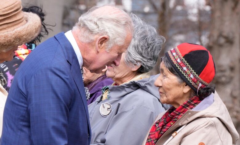 Prince Charles and Camilla, Duchess of Cornwall meet with residential school survivors and elders, Tuesday, May 17, 2022, in St. John's, Newfoundland, during the start of a three-day Canadian Royal tour. (Paul Chiasson/The Canadian Press via AP)