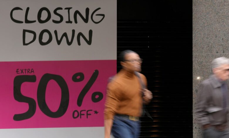 Shoppers pass a closing down shop in Oxford Street in London, Wednesday, April 13, 2022. British consumer prices rose at their fastest pace in 30 years last month, fueled by soaring prices for household energy and motor fuels. The Office of National Statistics reported on Wednesday that inflation accelerated to 7% in the 12 months through March. (AP Photo/Kirsty Wigglesworth)