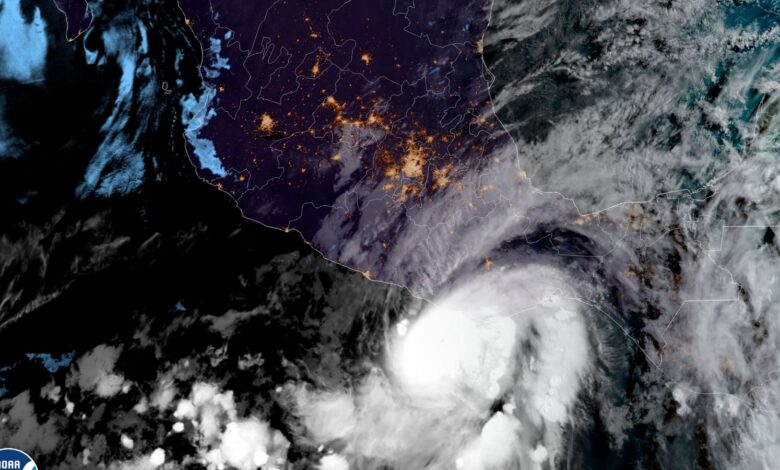 This satellite image made available by NOAA shows Hurricane Agatha off the Pacific coast of Oaxaca state, Mexico on Monday, May 30, 2022, at 8:30 a.m. EDT. NOAA/AP