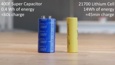Supercapacitor and a lithium battery cell. Photo credit: still image from the YouTube video.