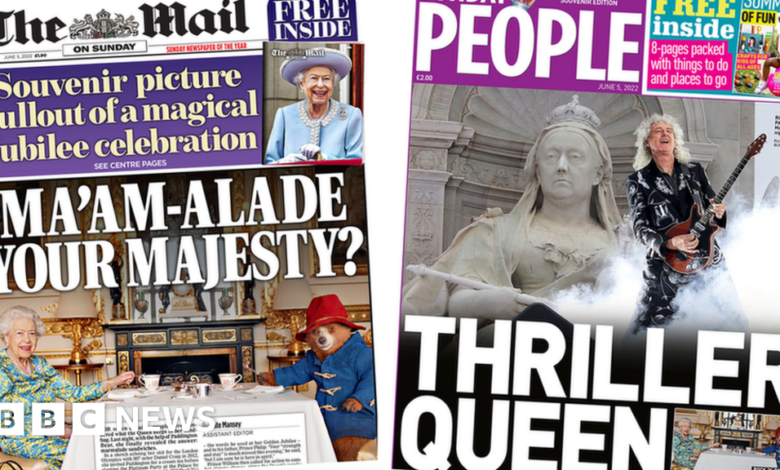 Newspaper headline: The Queen of Horror, and the Queen?