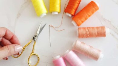 rainbow of threads with a threaded needle