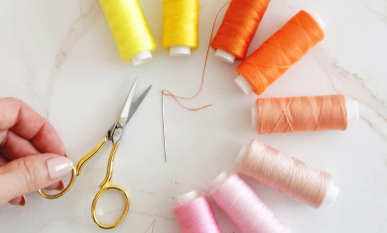 rainbow of threads with a threaded needle