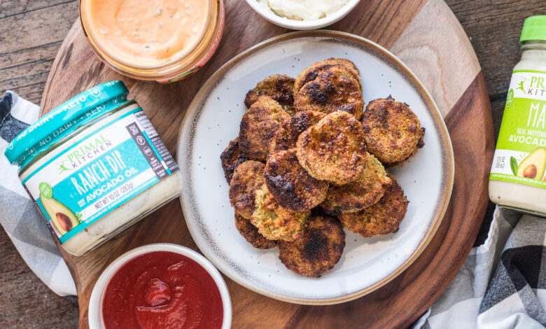 Air fried pickles with Primal Kitchen Ketchup and Ranch Dip
