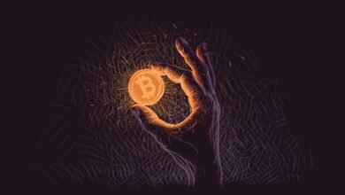 Glowing Bitcoin coin in hand illustration. Vector.