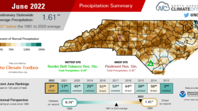 Summary infographic for June 2022 precipitation, highlighting average monthly temperatures, departures from normal, and comparison with history and recent years