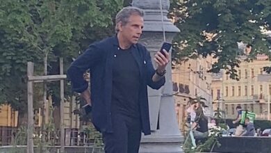 Ben Stiller speaks on a mobile phone in the western Ukrainian city of Lviv