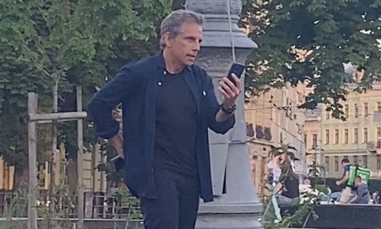 Ben Stiller speaks on a mobile phone in the western Ukrainian city of Lviv