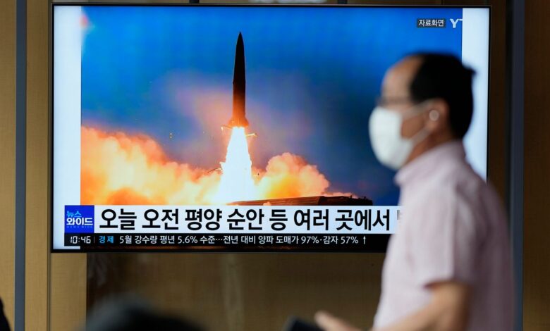 A TV screen showing a news program reporting about Sunday's North Korean missile launch with file image, is seen at a train station in Seoul, South Korea, Sunday, June 5, 2022. Pic: AP