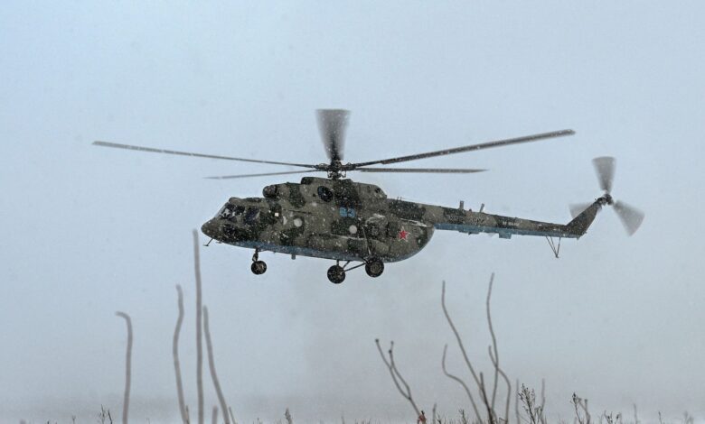 A Russian Mi-8 military helicopter is seen during flight testing in the Rostov region, Russia, in January