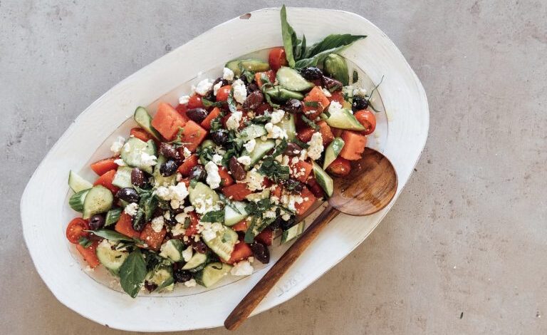 Watermelon Chopped Greek Salad is a delicious no-cooking summer dinner