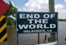 Sign marking the End of the World, originally known as el Fin del Mundo by the Isleños, on Delacroix Island. Image credit: Andrew Miloshoff via Wikimedia, CC-BY-SA-4.0