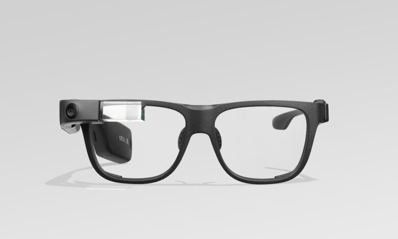 Product photography of the Google Glass wearable.