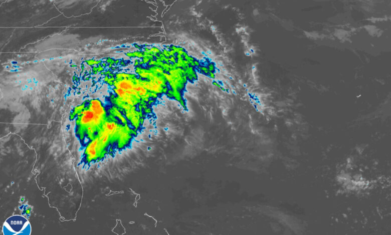 Satellite image of Tropical Storm Colin off the coast of Carolina on Saturday, July 2, 2022.